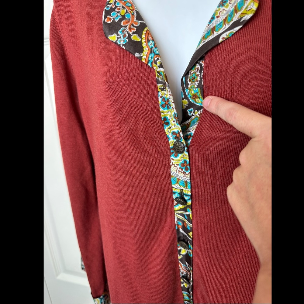 SOFT SURROUNDINGS Cashmere Silk Cardigan Sweater Burnt Orange Paisley Lined Trim - Picture 3 of 8